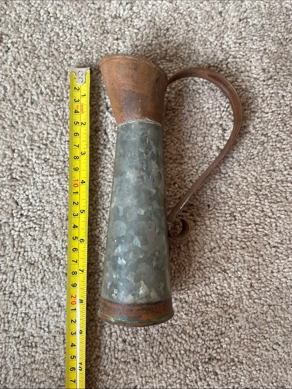 Farmhouse Style Rustic Galvanized Metal Pitcher Vase 8” Copper Accent Cottage